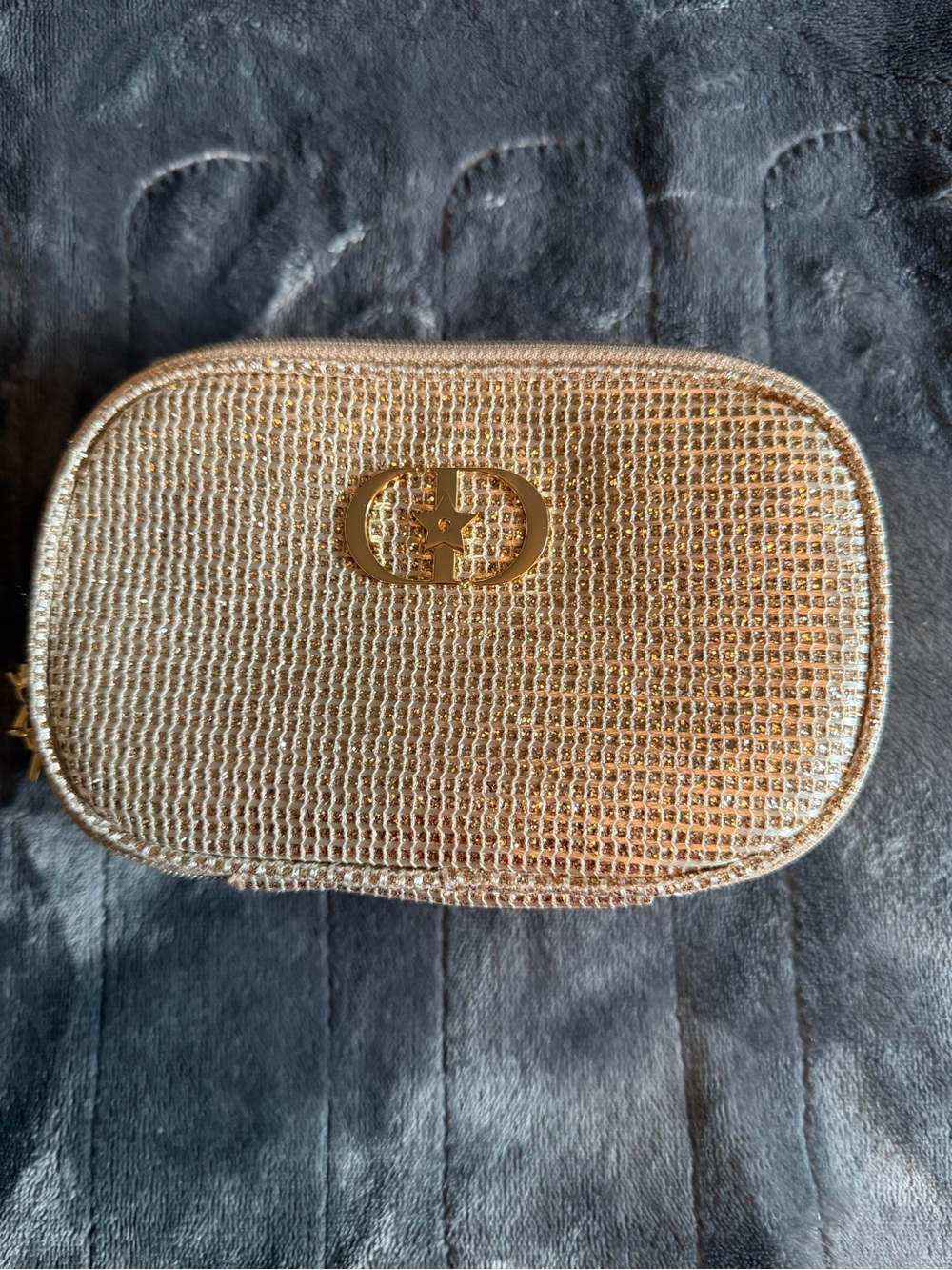 Gold Woven Mini Crossbody Bag with Metal Logo depth 3 ,height 4, width 6 1/2,